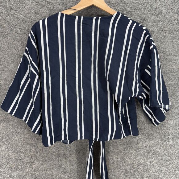 Seafolly Cropped Top Women S Small Blue Striped Open Front Tie Up Short Sleeve - Picture 2 of 7